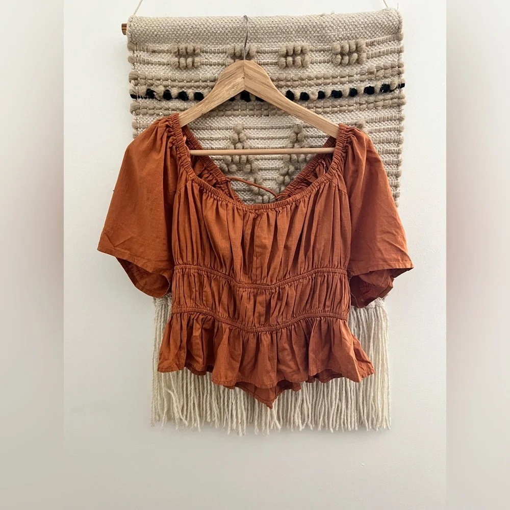 Free People Rust Puff Sleeve Blouse